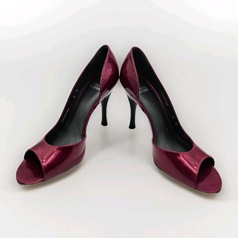 Stuart Weitzman Peep Toe Stiletto Pumps Magenta Glossy Patent Leather Sz 8 - Picture 11 of 11
